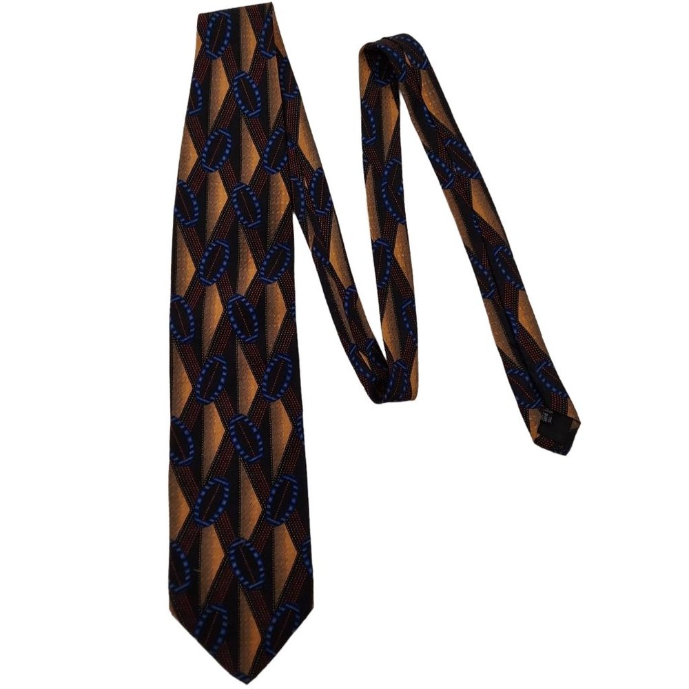 Pavone Brown Blue Geometric Printed 100% Silk Mens Necktie Standard Size